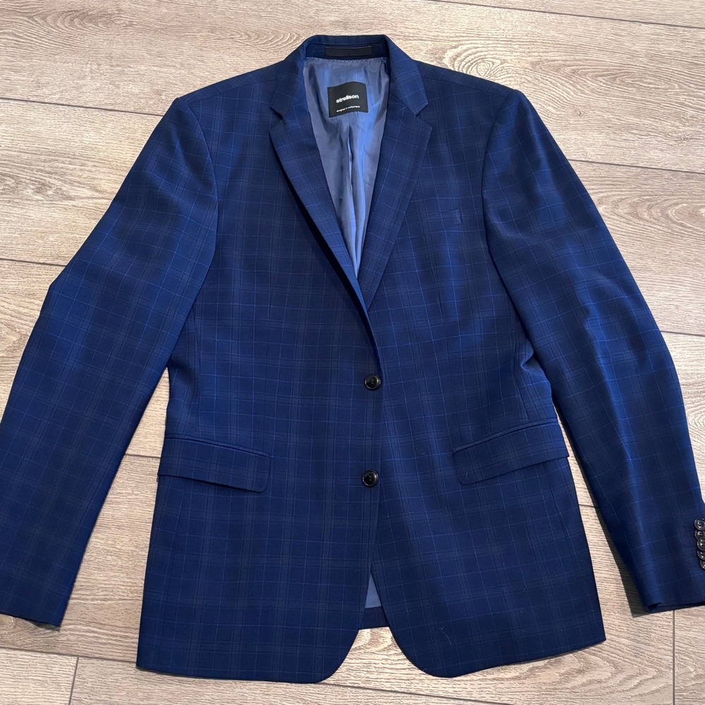 Strellson Blazer‎ Mens Navy Blue Plaid Stretch Tailored Sport Coat Jacket